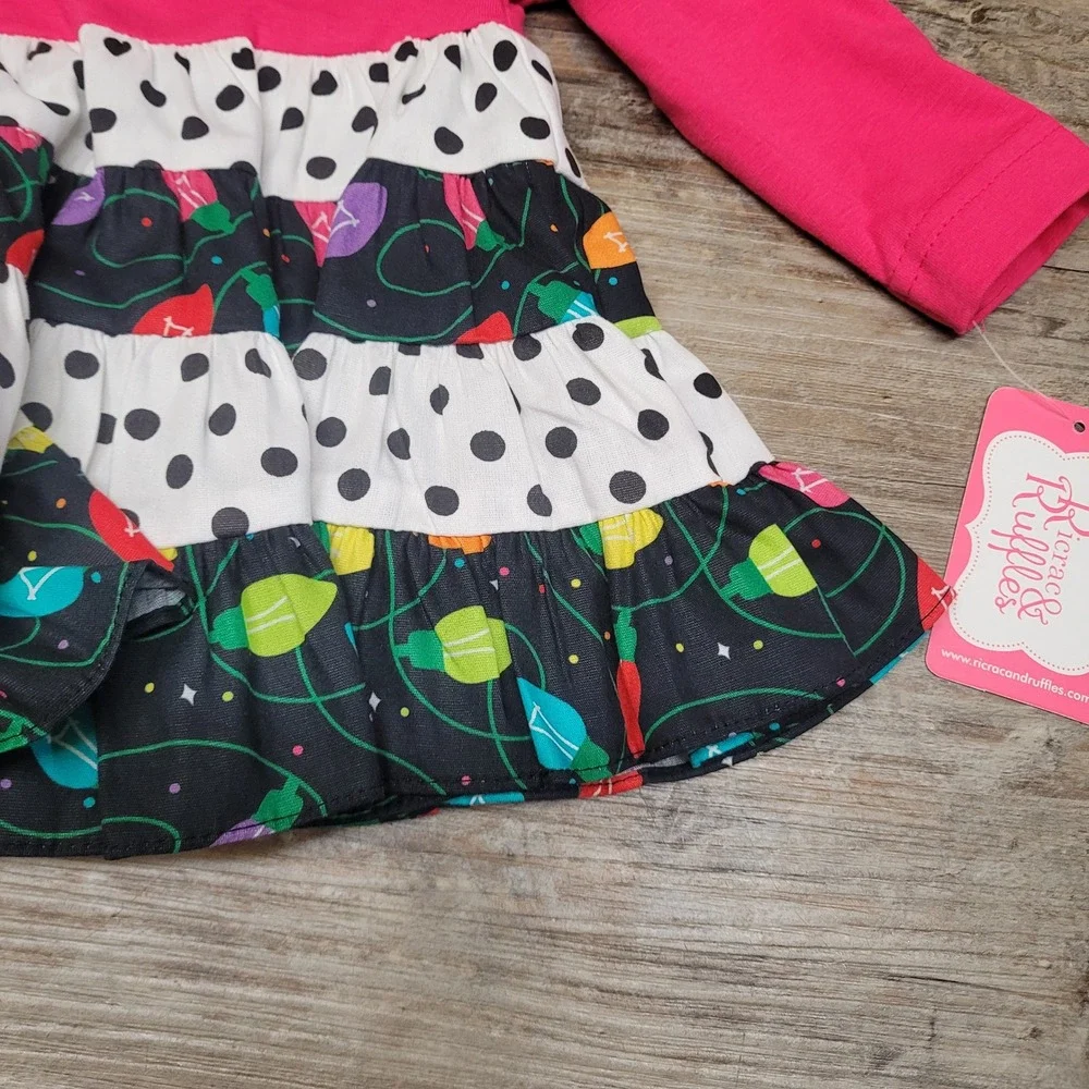 Ricrac and Ruffles Dress Girls 3-6M Pink Long Sleeve Christmas Lights‎ Tiered